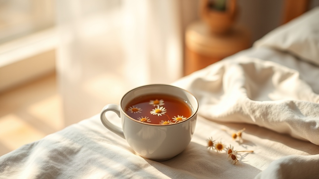 Tasse d'infusion chaude posée sur une table de chevet