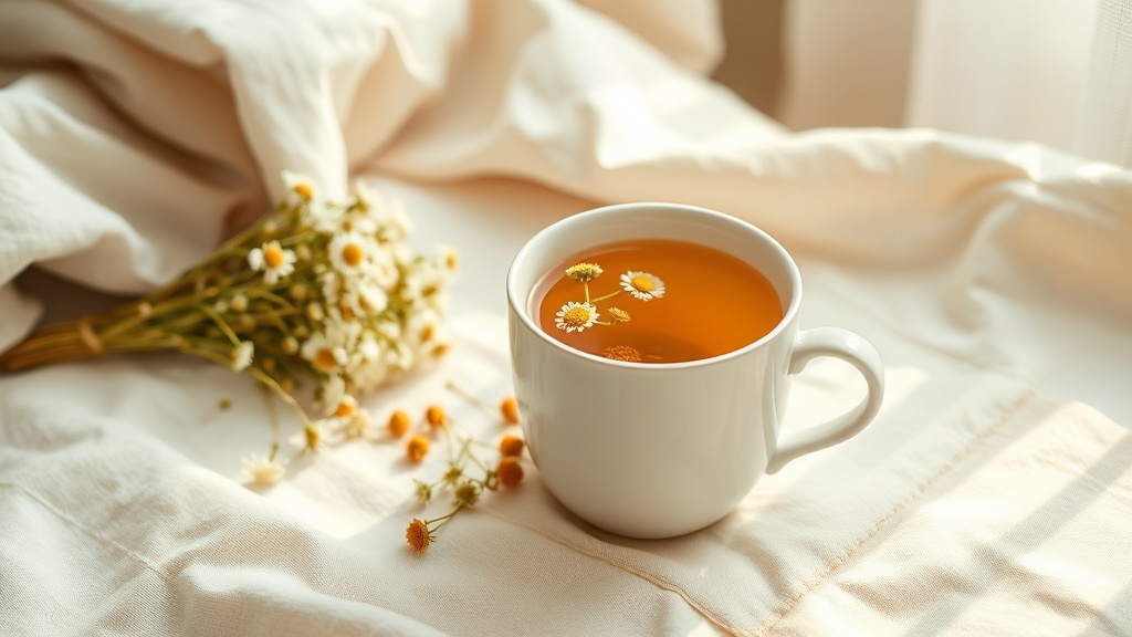 Tasse d'infusion chaude posée sur une table de chevet